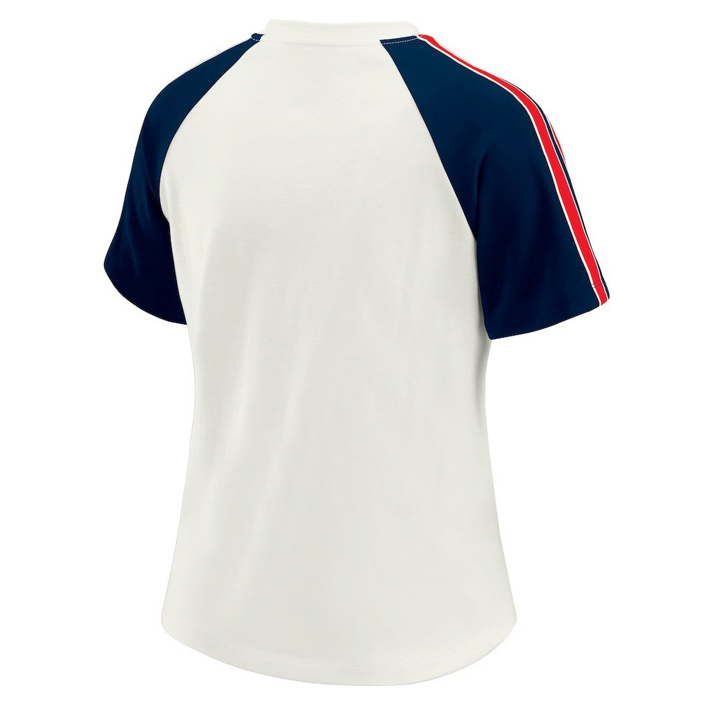 WEAR by Erin Andrews Women's Sleeve Stripe Distressed Raglan T-Shirt - New England Patriots