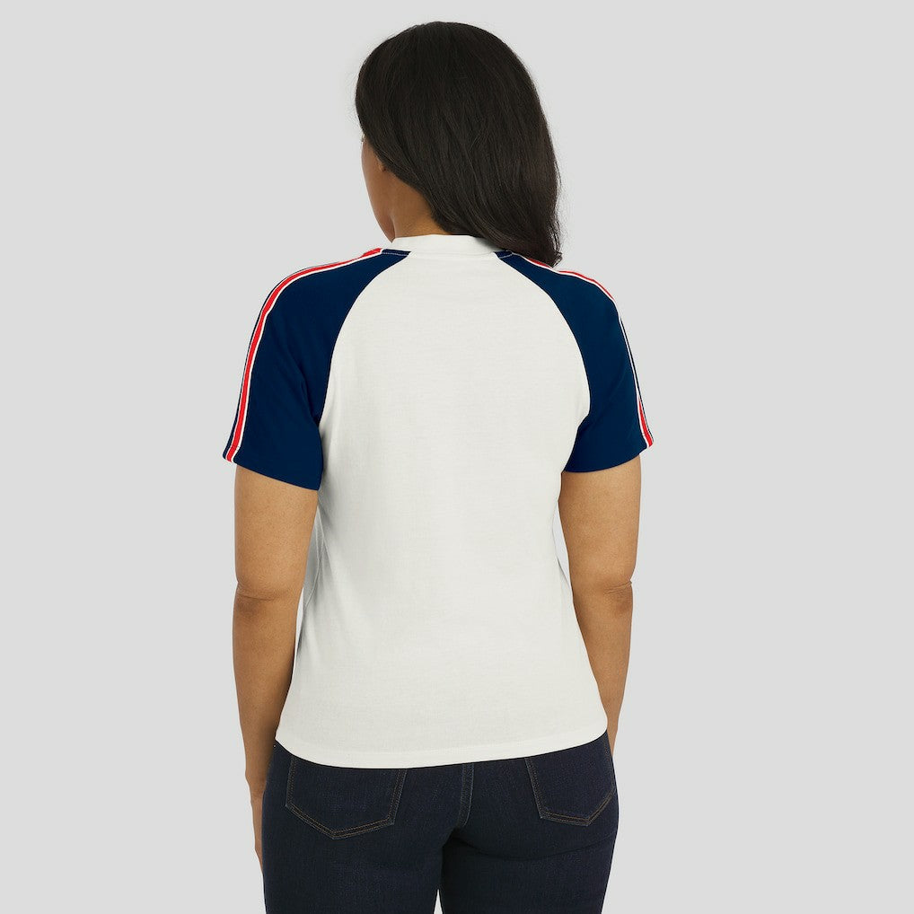 WEAR by Erin Andrews Women's Sleeve Stripe Distressed Raglan T-Shirt - New England Patriots