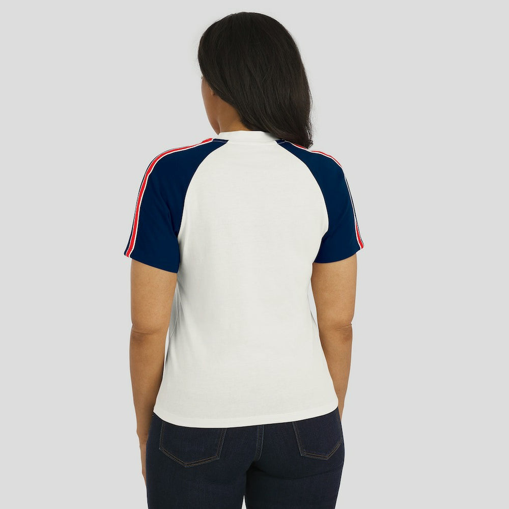 WEAR by Erin Andrews Women's Sleeve Stripe Distressed Raglan T-Shirt - New England Patriots