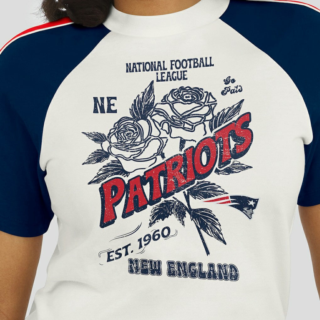 WEAR by Erin Andrews Women's Sleeve Stripe Distressed Raglan T-Shirt - New England Patriots