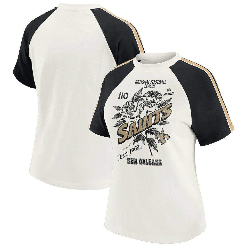 WEAR by Erin Andrews Women's Sleeve Stripe Distressed Raglan T-Shirt - New Orleans Saints
