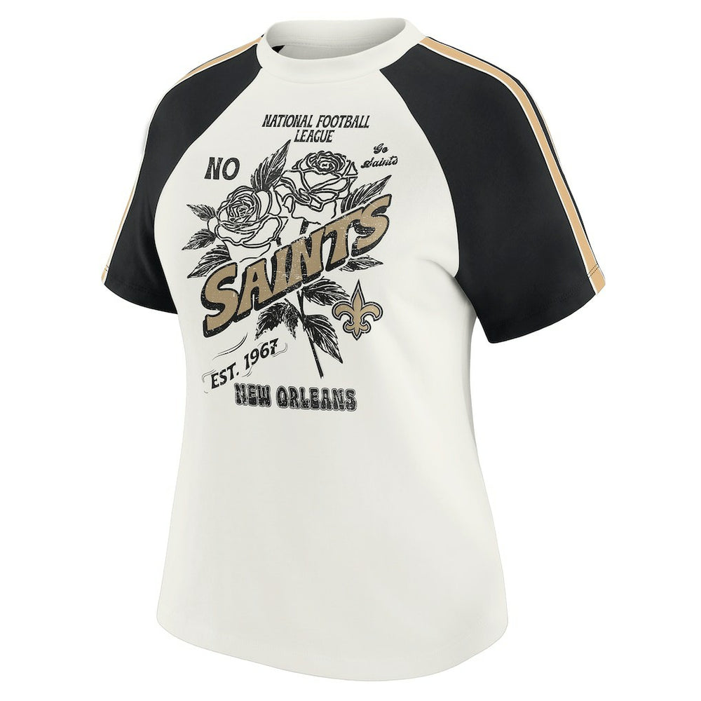 WEAR by Erin Andrews Women's Sleeve Stripe Distressed Raglan T-Shirt - New Orleans Saints
