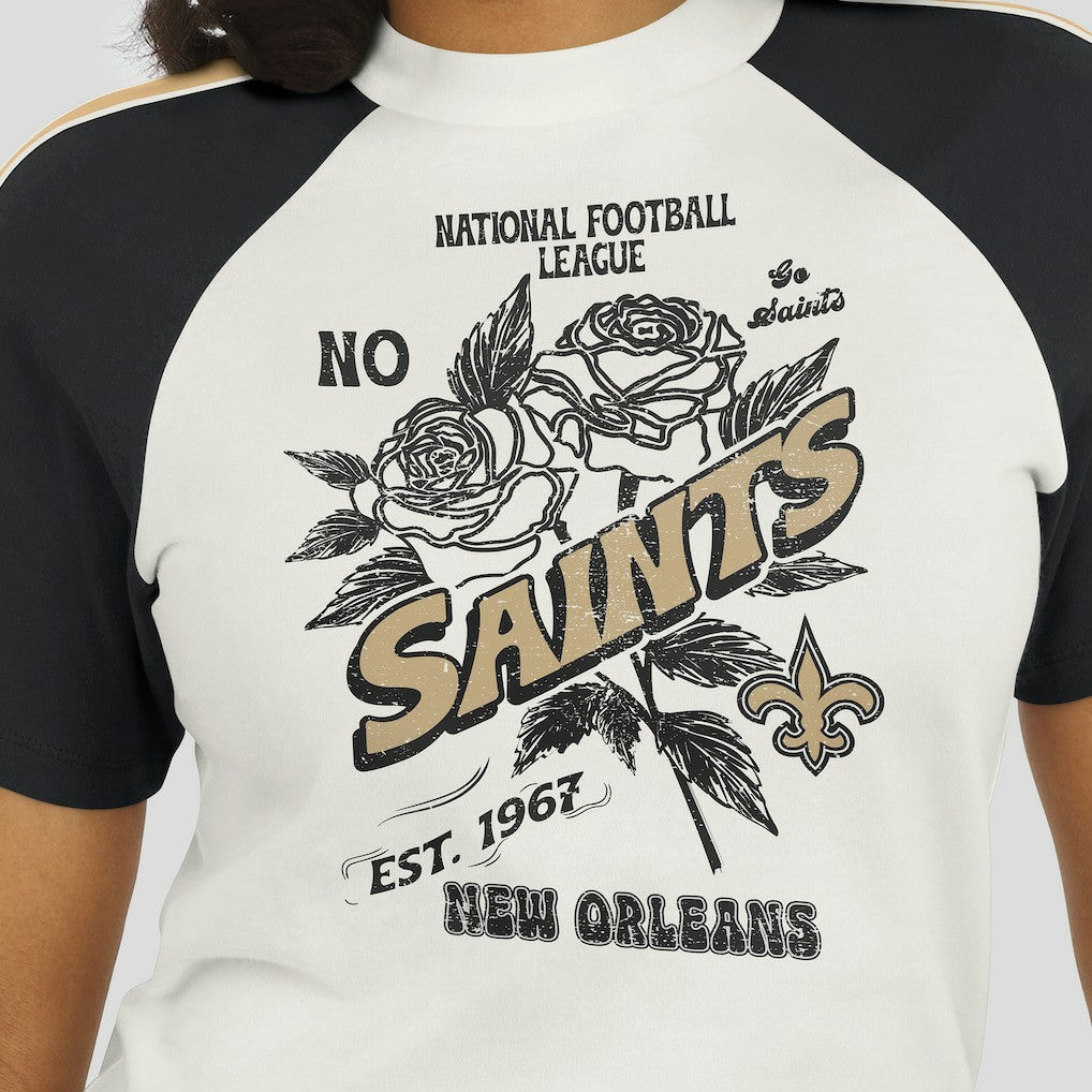 WEAR by Erin Andrews Women's Sleeve Stripe Distressed Raglan T-Shirt - New Orleans Saints