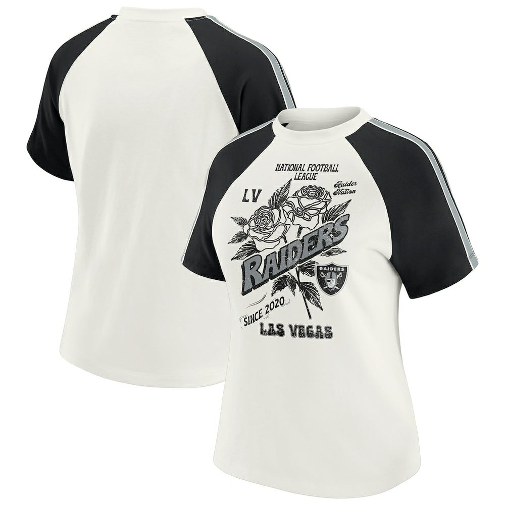 WEAR by Erin Andrews Women's Sleeve Stripe Distressed Raglan T-Shirt - Las Vegas Raiders