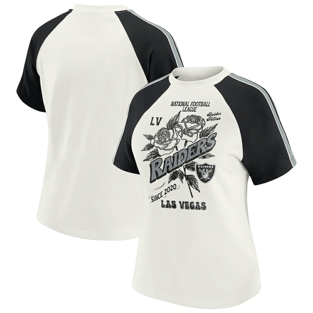 WEAR by Erin Andrews Women's Sleeve Stripe Distressed Raglan T-Shirt - Las Vegas Raiders