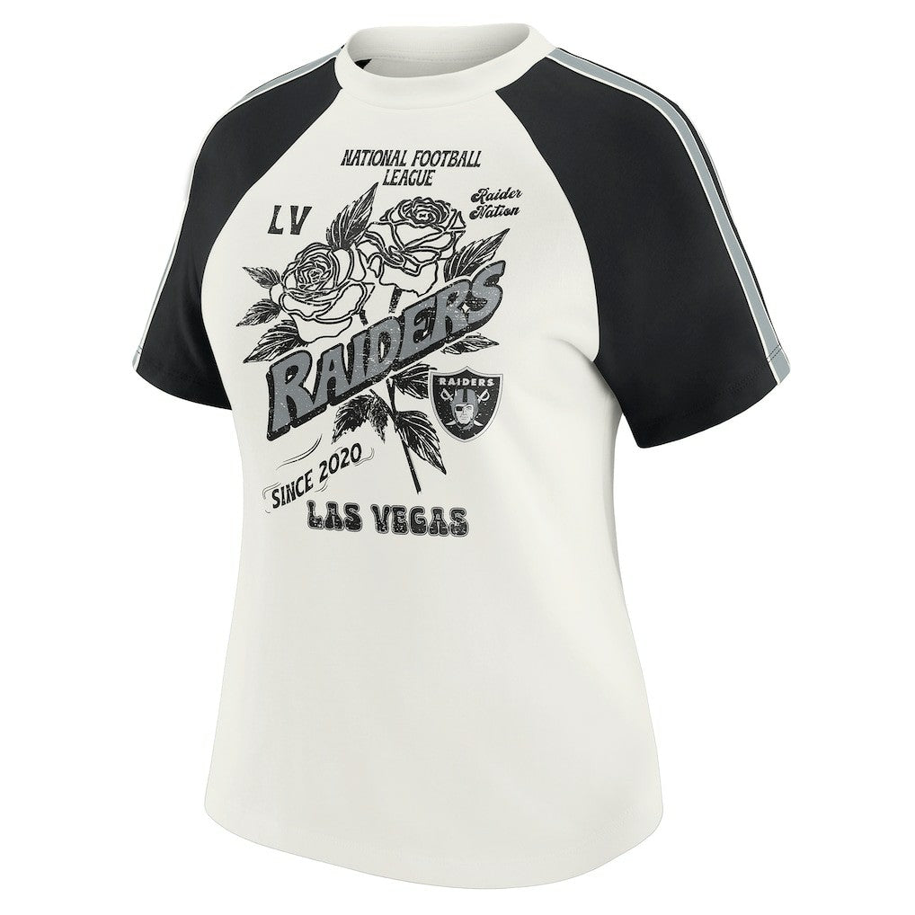 WEAR by Erin Andrews Women's Sleeve Stripe Distressed Raglan T-Shirt - Las Vegas Raiders