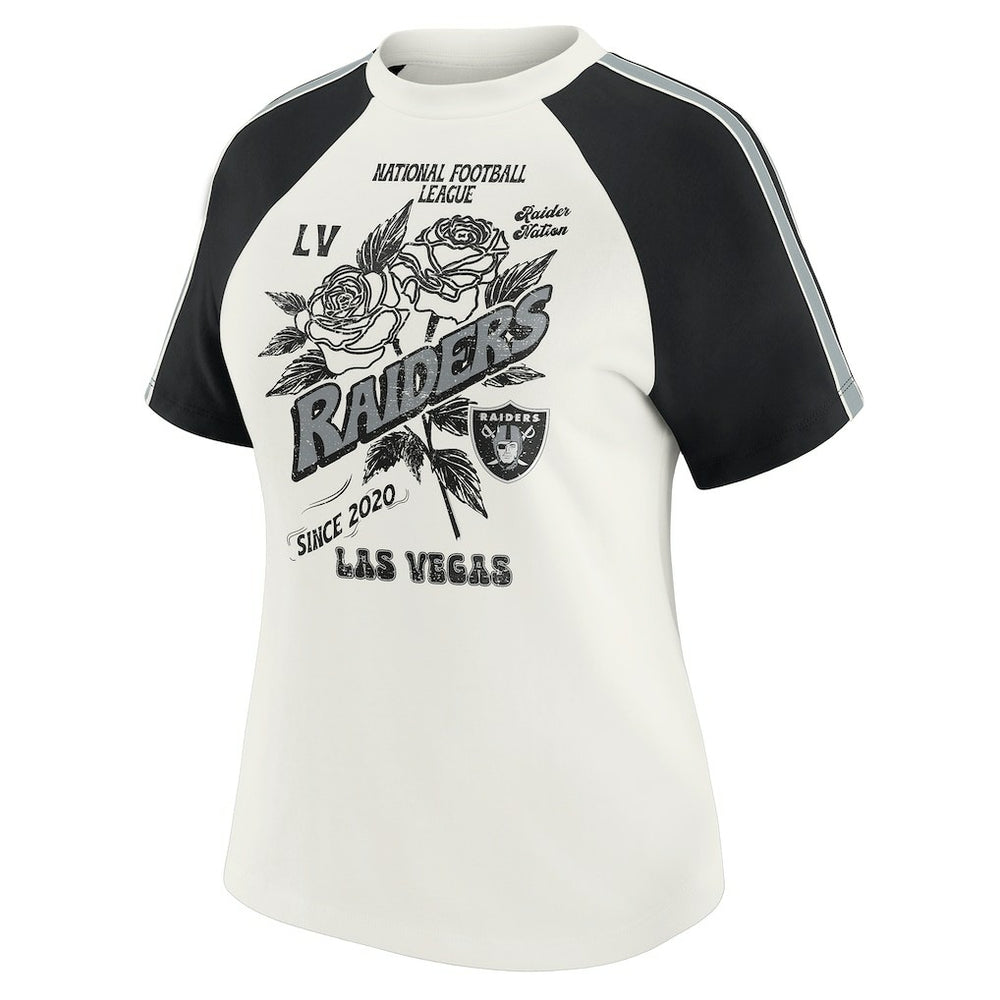 WEAR by Erin Andrews Women's Sleeve Stripe Distressed Raglan T-Shirt - Las Vegas Raiders