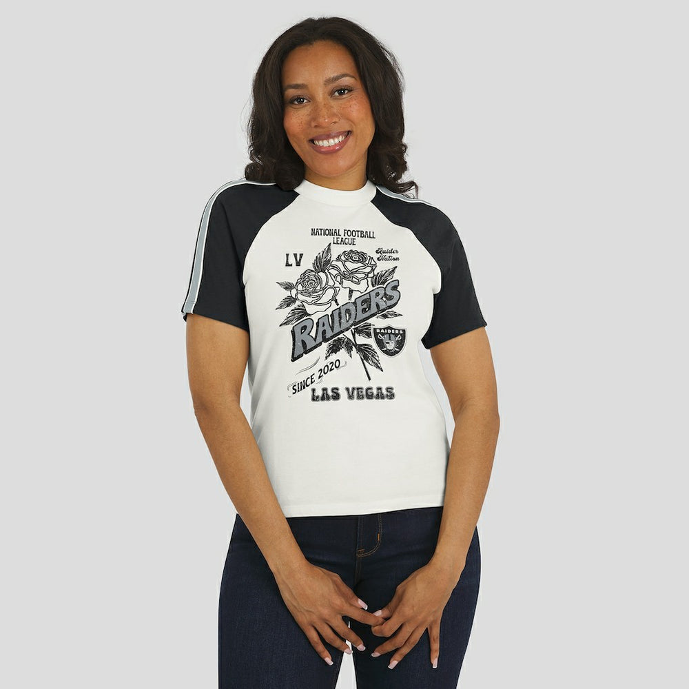 WEAR by Erin Andrews Women's Sleeve Stripe Distressed Raglan T-Shirt - Las Vegas Raiders