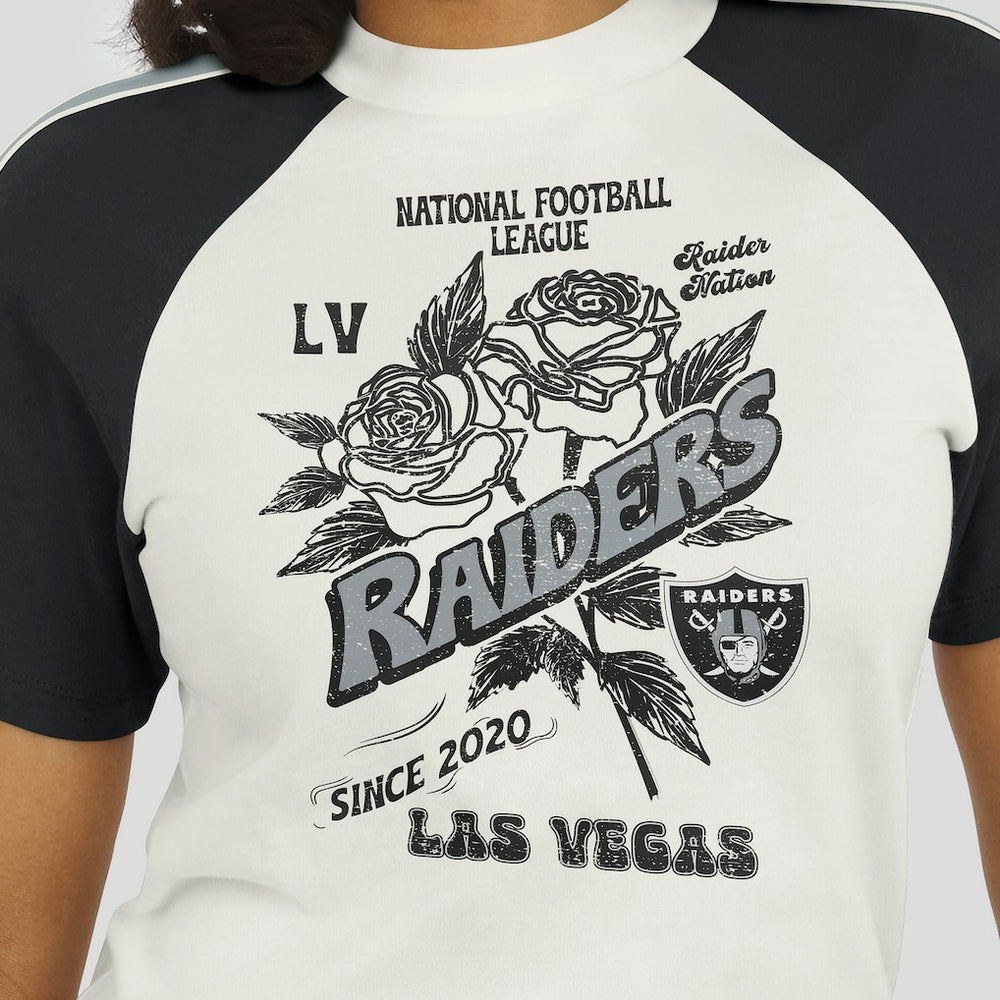 WEAR by Erin Andrews Women's Sleeve Stripe Distressed Raglan T-Shirt - Las Vegas Raiders