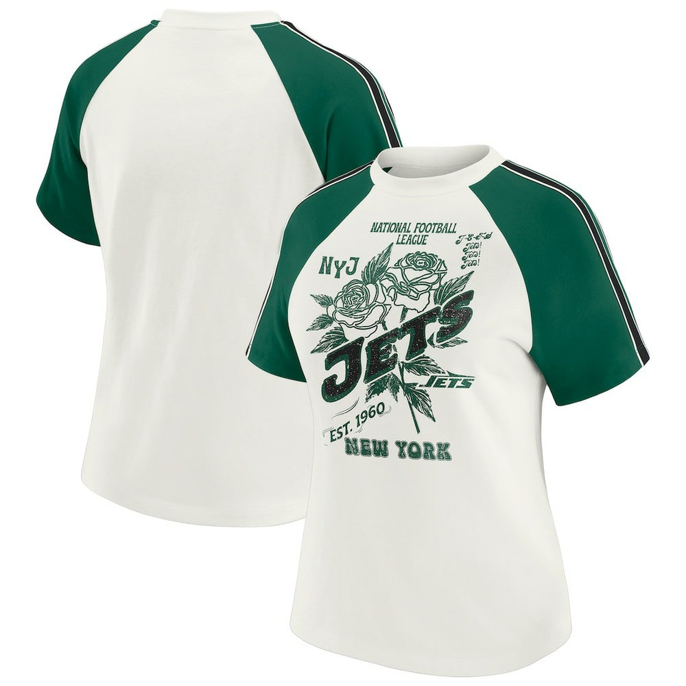 WEAR by Erin Andrews Women's Sleeve Stripe Distressed Raglan T-Shirt - New York Jets