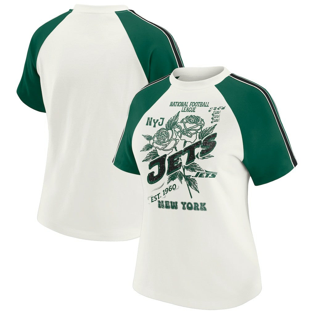 WEAR by Erin Andrews Women's Sleeve Stripe Distressed Raglan T-Shirt - New York Jets