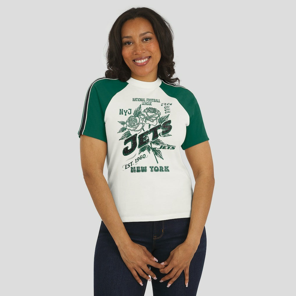 WEAR by Erin Andrews Women's Sleeve Stripe Distressed Raglan T-Shirt - New York Jets