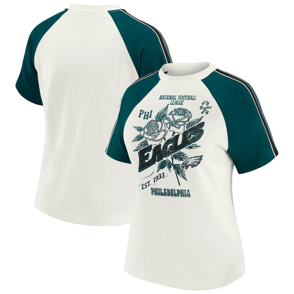 WEAR by Erin Andrews Women's Sleeve Stripe Distressed Raglan T-Shirt - Philadelphia Eagles