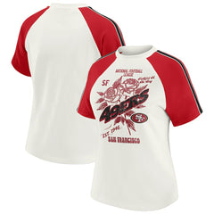 WEAR by Erin Andrews Women's Sleeve Stripe Distressed Raglan T-Shirt - San Francisco 49ers