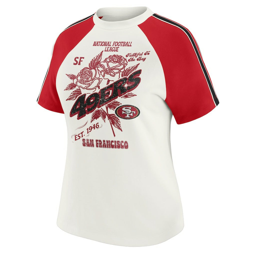 WEAR by Erin Andrews Women's Sleeve Stripe Distressed Raglan T-Shirt - San Francisco 49ers