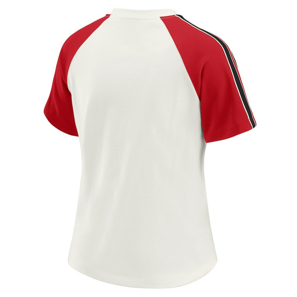 WEAR by Erin Andrews Women's Sleeve Stripe Distressed Raglan T-Shirt - San Francisco 49ers