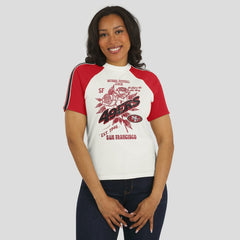 WEAR by Erin Andrews Women's Sleeve Stripe Distressed Raglan T-Shirt - San Francisco 49ers