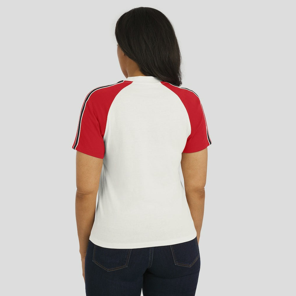 WEAR by Erin Andrews Women's Sleeve Stripe Distressed Raglan T-Shirt - San Francisco 49ers