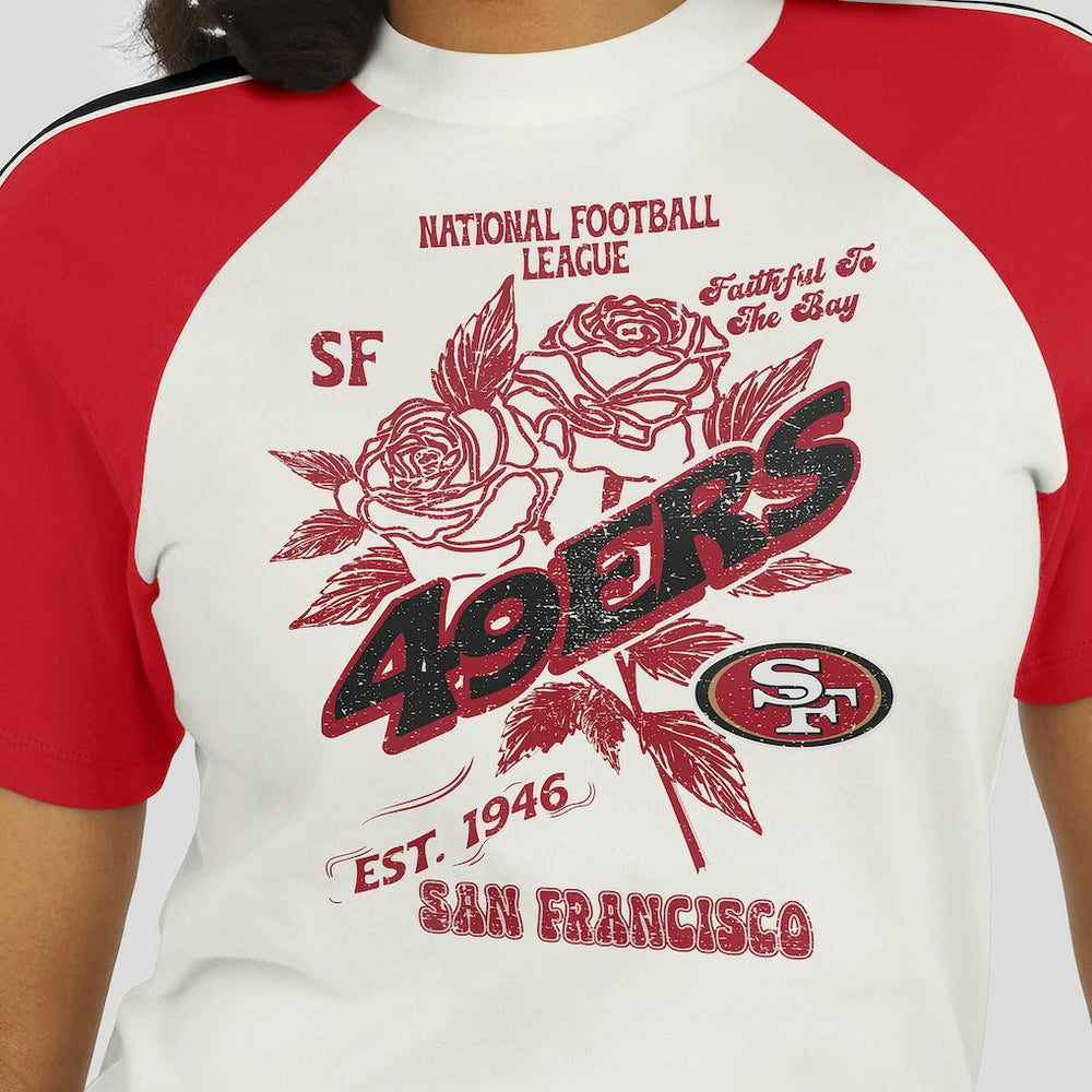 WEAR by Erin Andrews Women's Sleeve Stripe Distressed Raglan T-Shirt - San Francisco 49ers