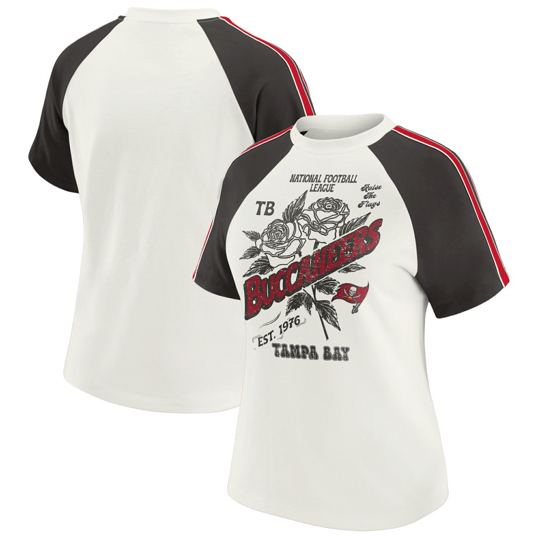 WEAR by Erin Andrews Women's Sleeve Stripe Distressed Raglan T-Shirt - Tampa Bay Buccaneers