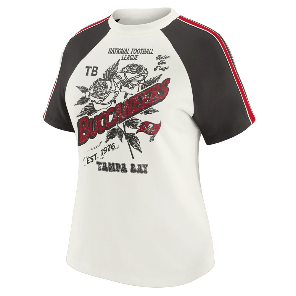 WEAR by Erin Andrews Women's Sleeve Stripe Distressed Raglan T-Shirt - Tampa Bay Buccaneers