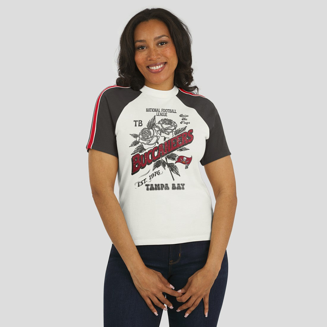WEAR by Erin Andrews Women's Sleeve Stripe Distressed Raglan T-Shirt - Tampa Bay Buccaneers
