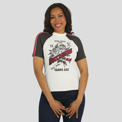 WEAR by Erin Andrews Women's Sleeve Stripe Distressed Raglan T-Shirt - Tampa Bay Buccaneers