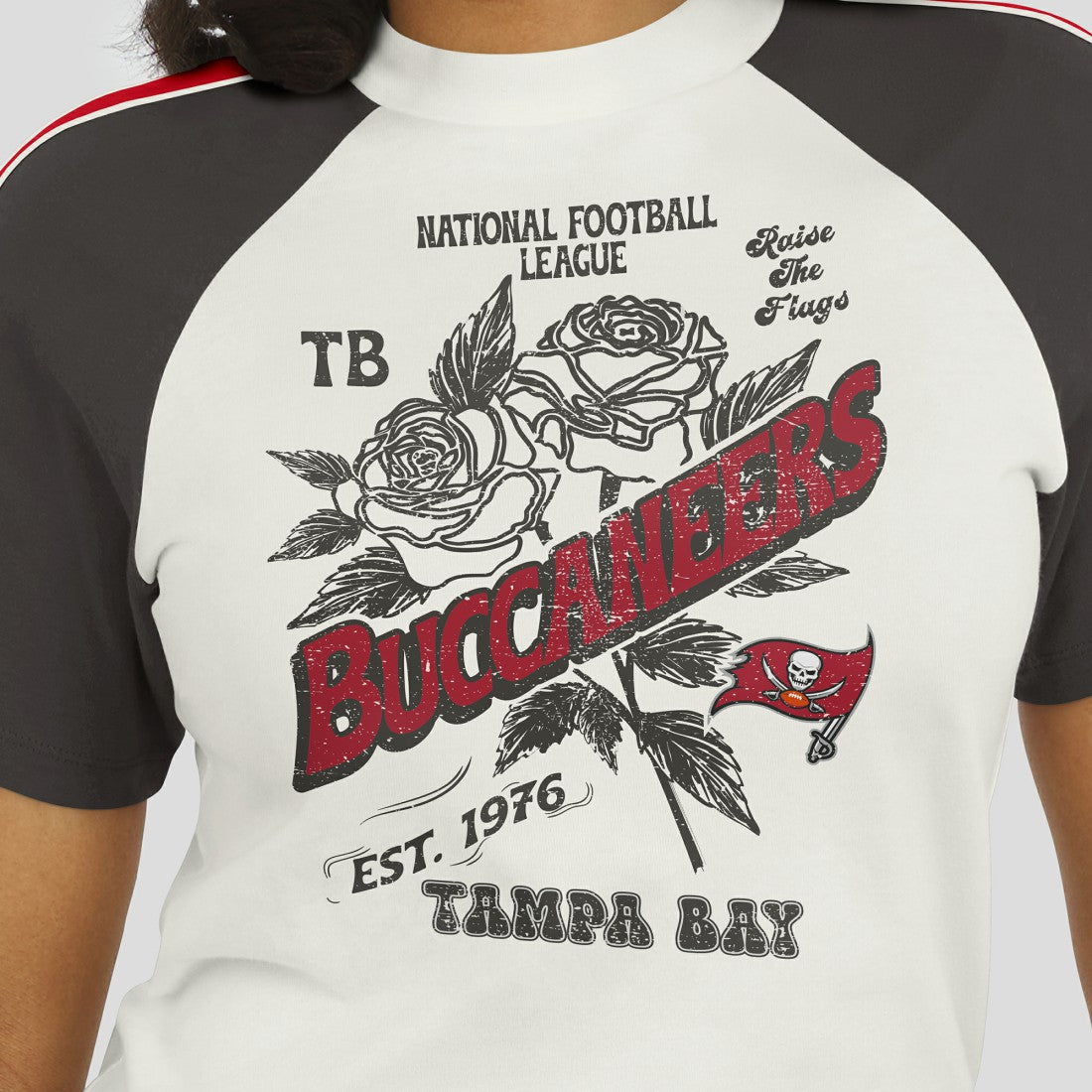 WEAR by Erin Andrews Women's Sleeve Stripe Distressed Raglan T-Shirt - Tampa Bay Buccaneers
