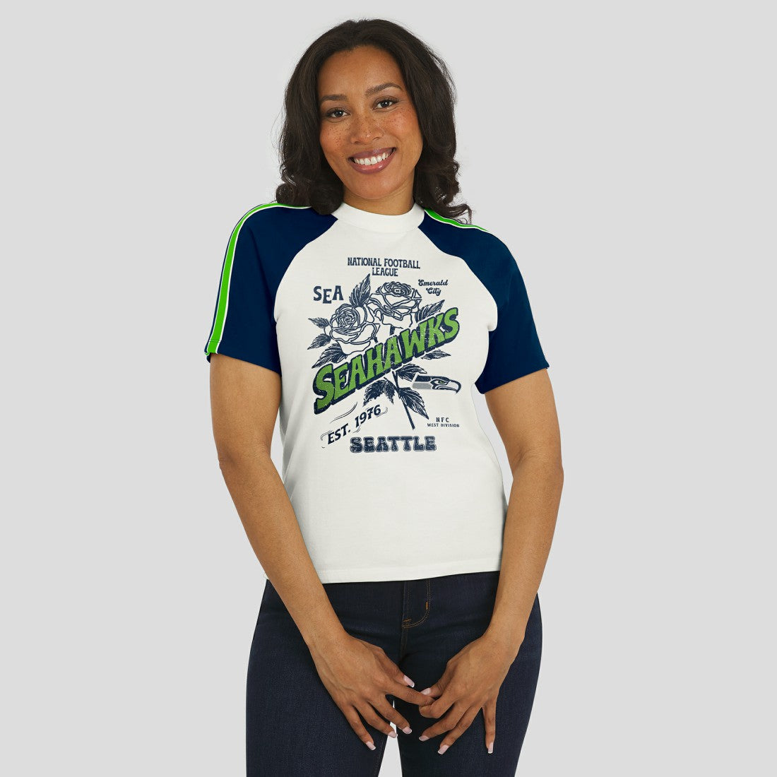 WEAR by Erin Andrews Women's Sleeve Stripe Distressed Raglan T-Shirt - Seattle Seahawks