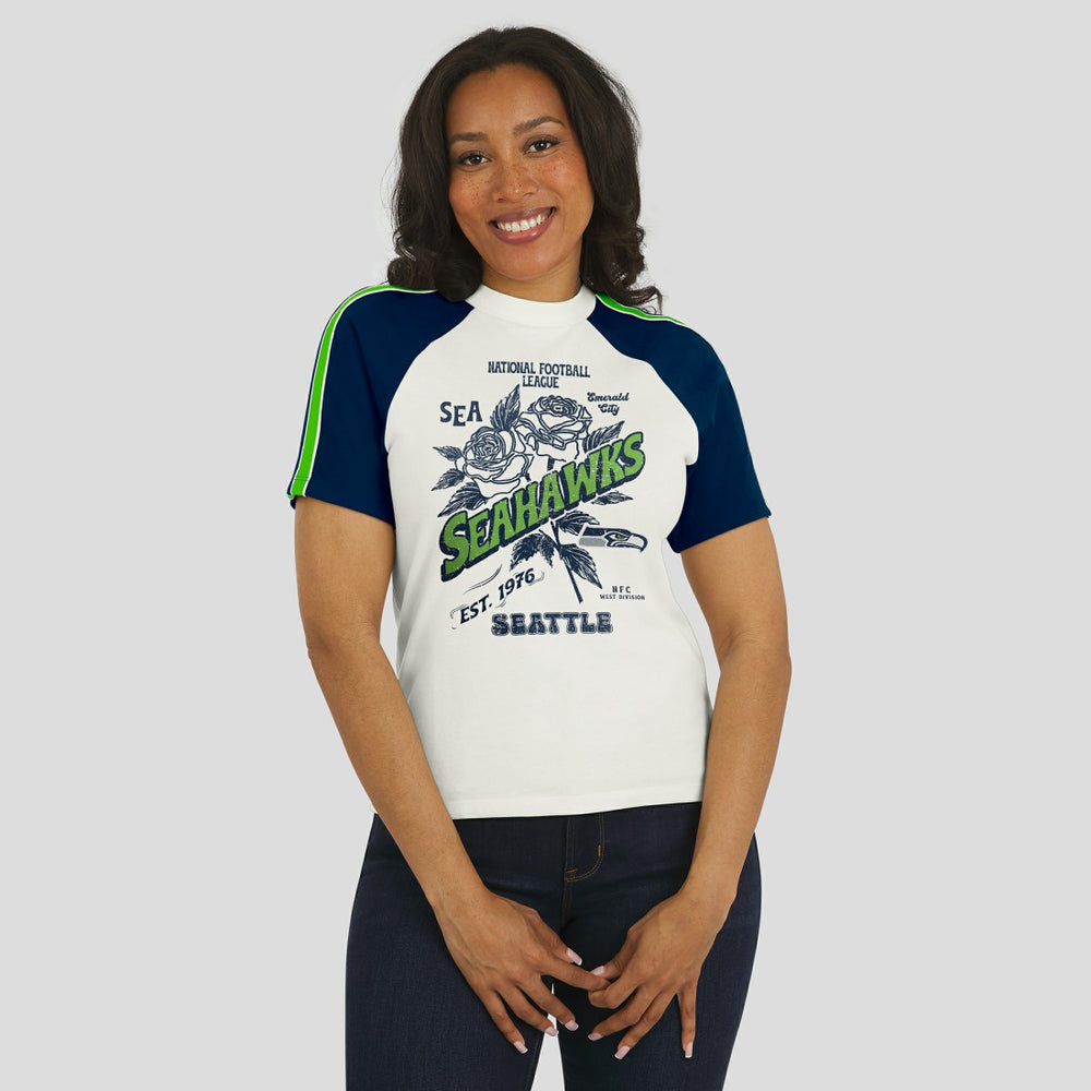 WEAR by Erin Andrews Women's Sleeve Stripe Distressed Raglan T-Shirt - Seattle Seahawks