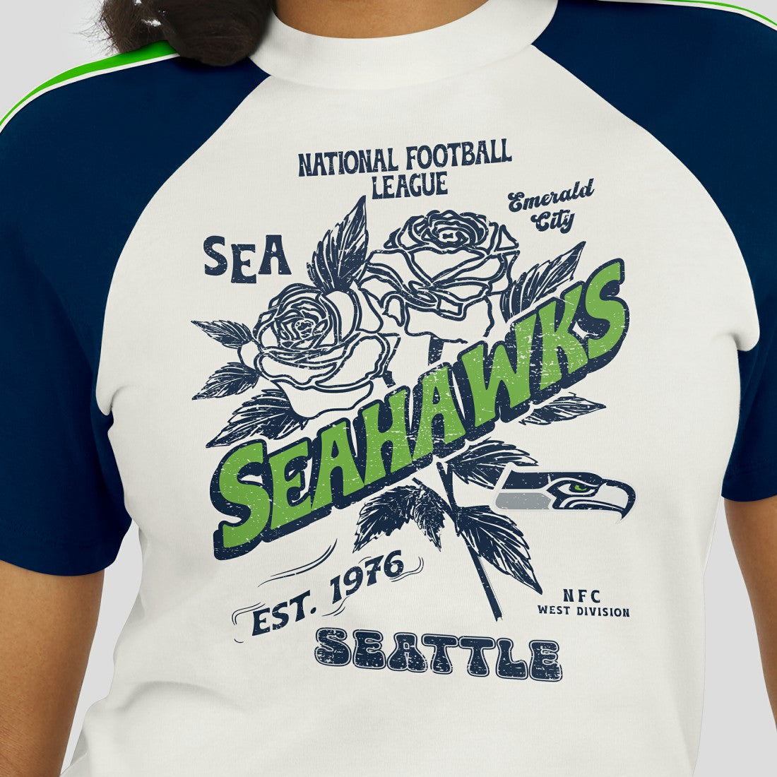 WEAR by Erin Andrews Women's Sleeve Stripe Distressed Raglan T-Shirt - Seattle Seahawks