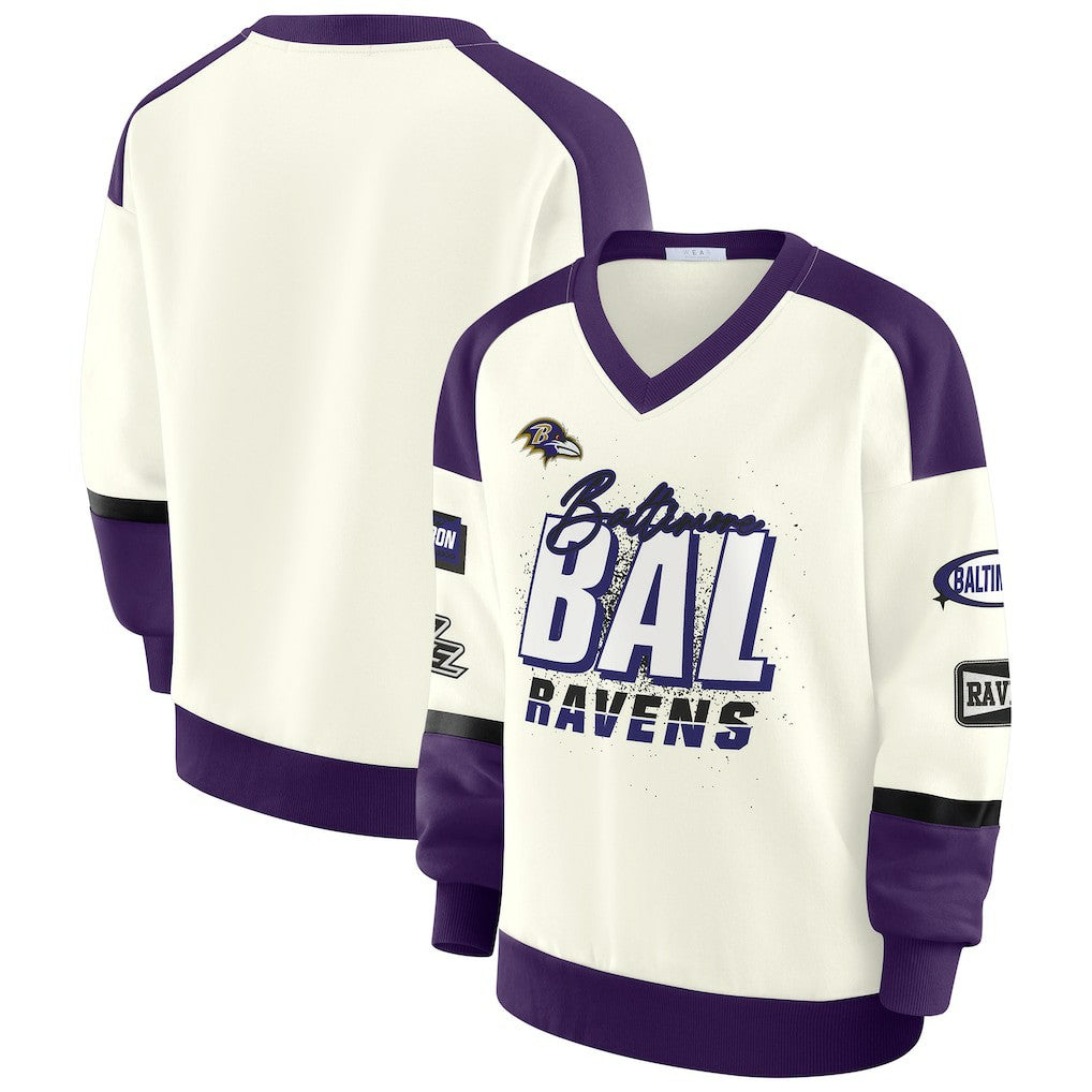 WEAR by Erin Andrews Women's Racing Crew V-Neck Sweatshirt - Baltimore Ravens