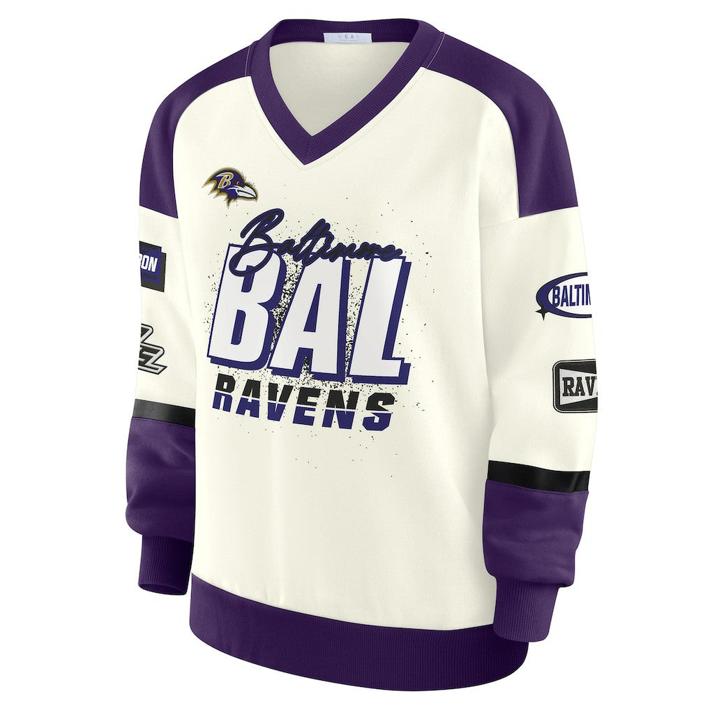 WEAR by Erin Andrews Women's Racing Crew V-Neck Sweatshirt - Baltimore Ravens