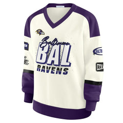 WEAR by Erin Andrews Women's Racing Crew V-Neck Sweatshirt - Baltimore Ravens