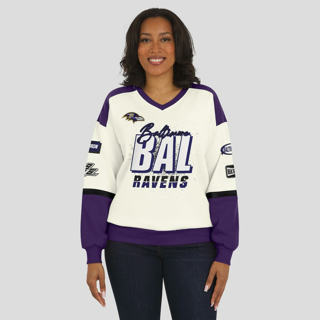 WEAR by Erin Andrews Women's Racing Crew V-Neck Sweatshirt - Baltimore Ravens