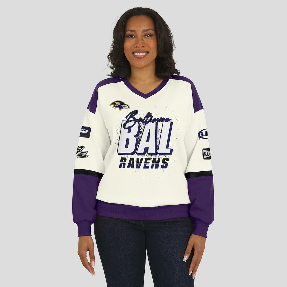 WEAR by Erin Andrews Women's Racing Crew V-Neck Sweatshirt - Baltimore Ravens