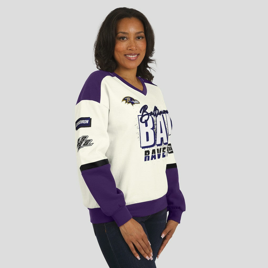 WEAR by Erin Andrews Women's Racing Crew V-Neck Sweatshirt - Baltimore Ravens