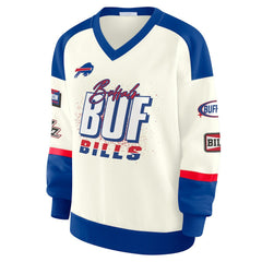 WEAR by Erin Andrews Women's Racing Crew V-Neck Sweatshirt - Buffalo Bills