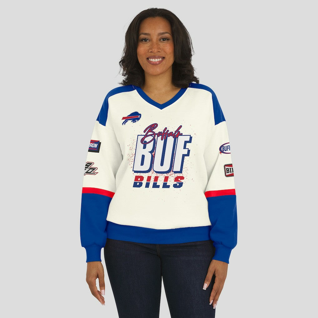 WEAR by Erin Andrews Women's Racing Crew V-Neck Sweatshirt - Buffalo Bills