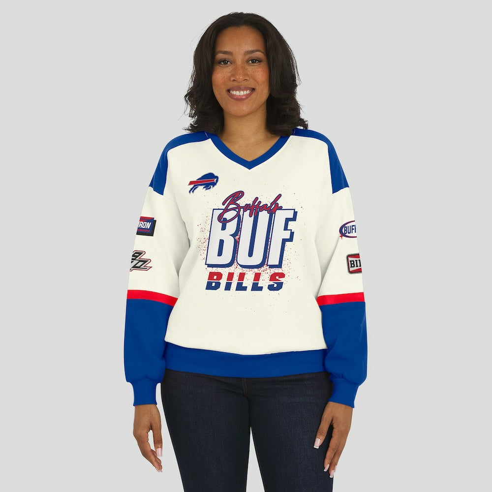 WEAR by Erin Andrews Women's Racing Crew V-Neck Sweatshirt - Buffalo Bills