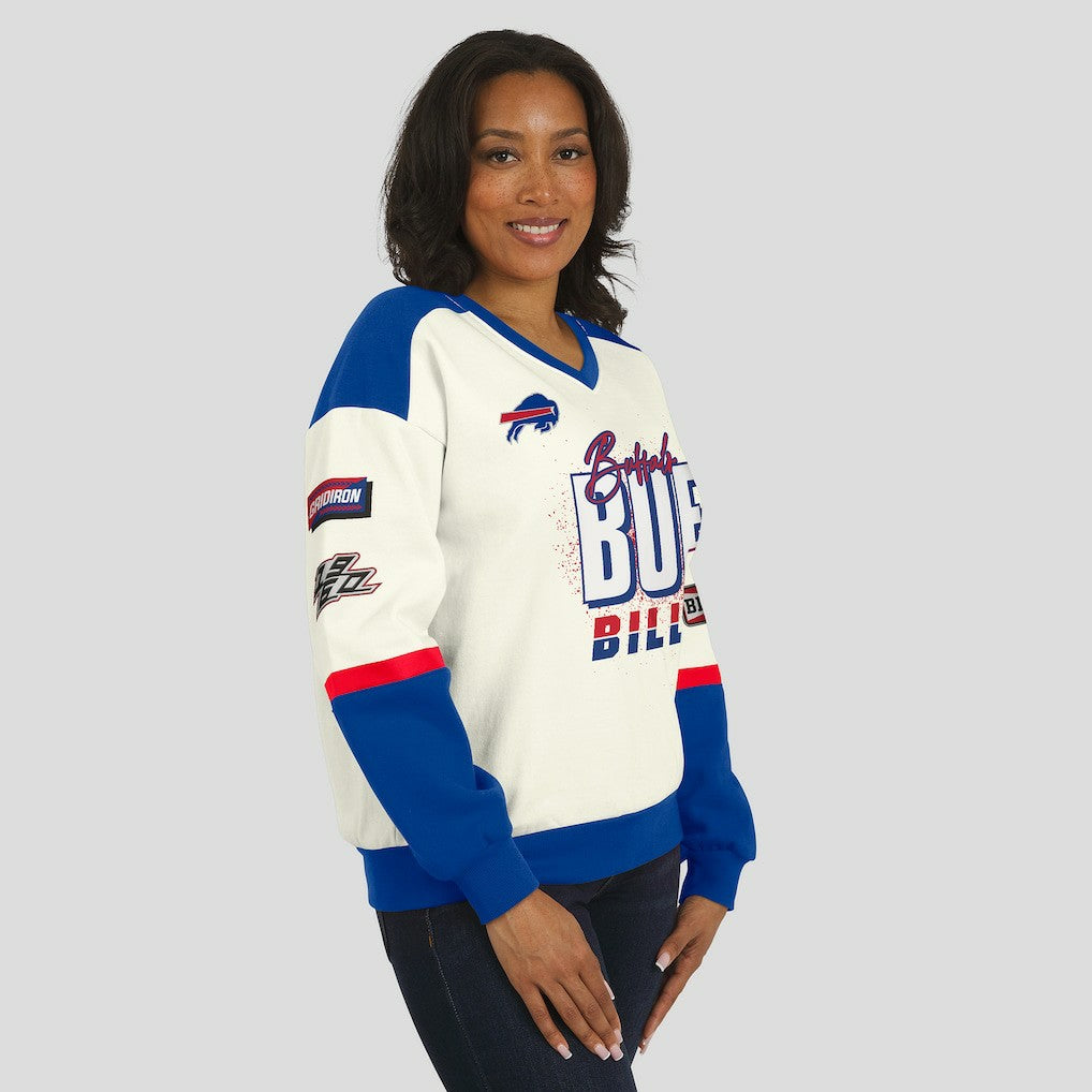 WEAR by Erin Andrews Women's Racing Crew V-Neck Sweatshirt - Buffalo Bills