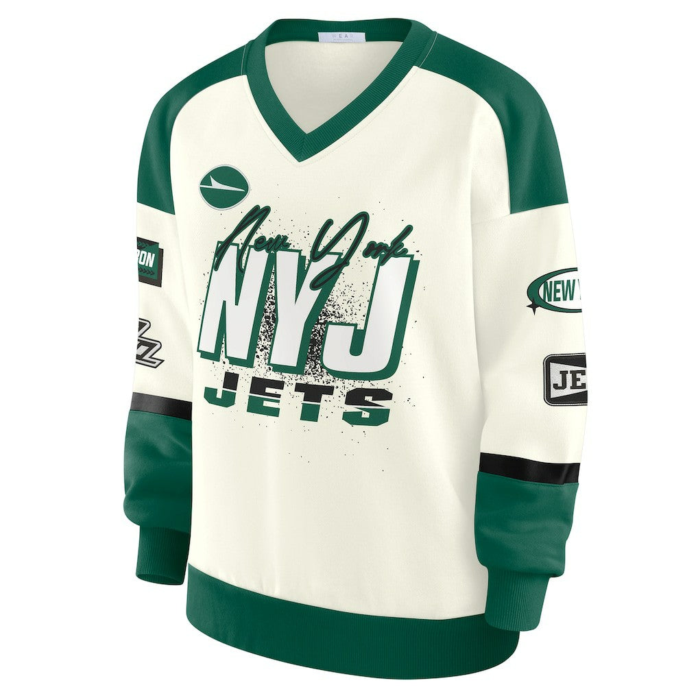 WEAR by Erin Andrews Women's Racing Crew V-Neck Sweatshirt - New York Jets