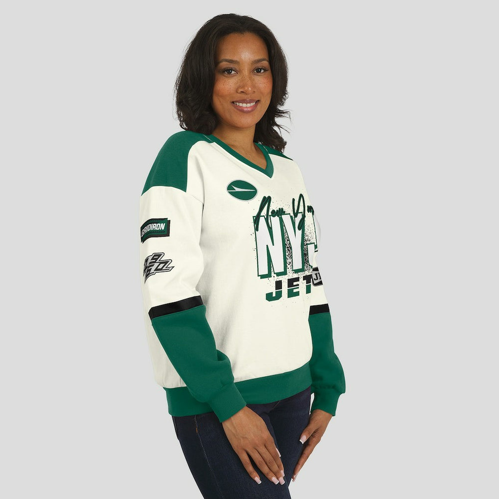 WEAR by Erin Andrews Women's Racing Crew V-Neck Sweatshirt - New York Jets