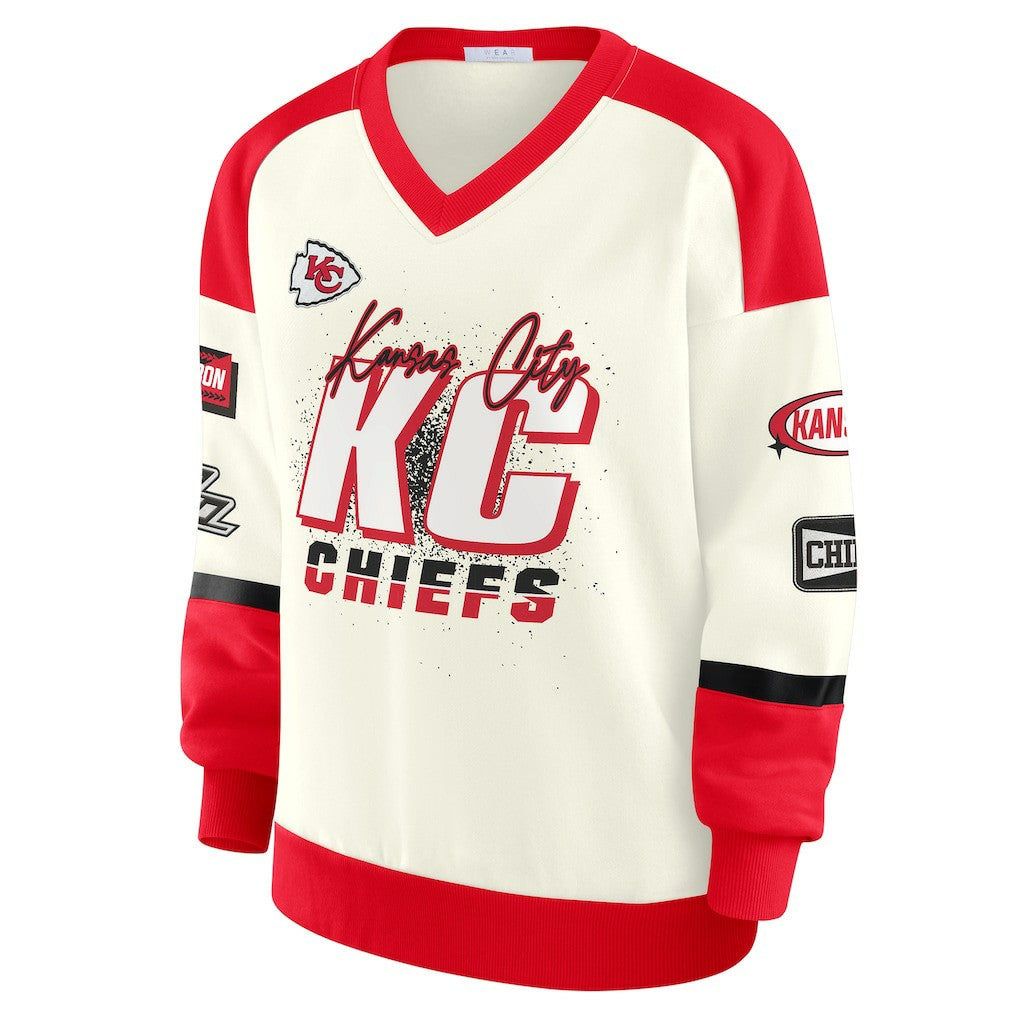WEAR by Erin Andrews Women's Racing Crew V-Neck Sweatshirt - Kansas City Chiefs