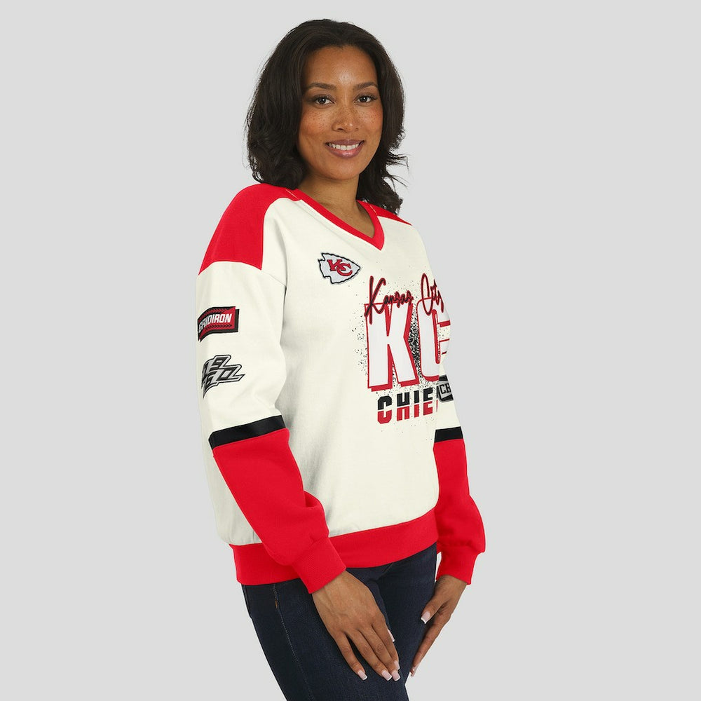 WEAR by Erin Andrews Women's Racing Crew V-Neck Sweatshirt - Kansas City Chiefs