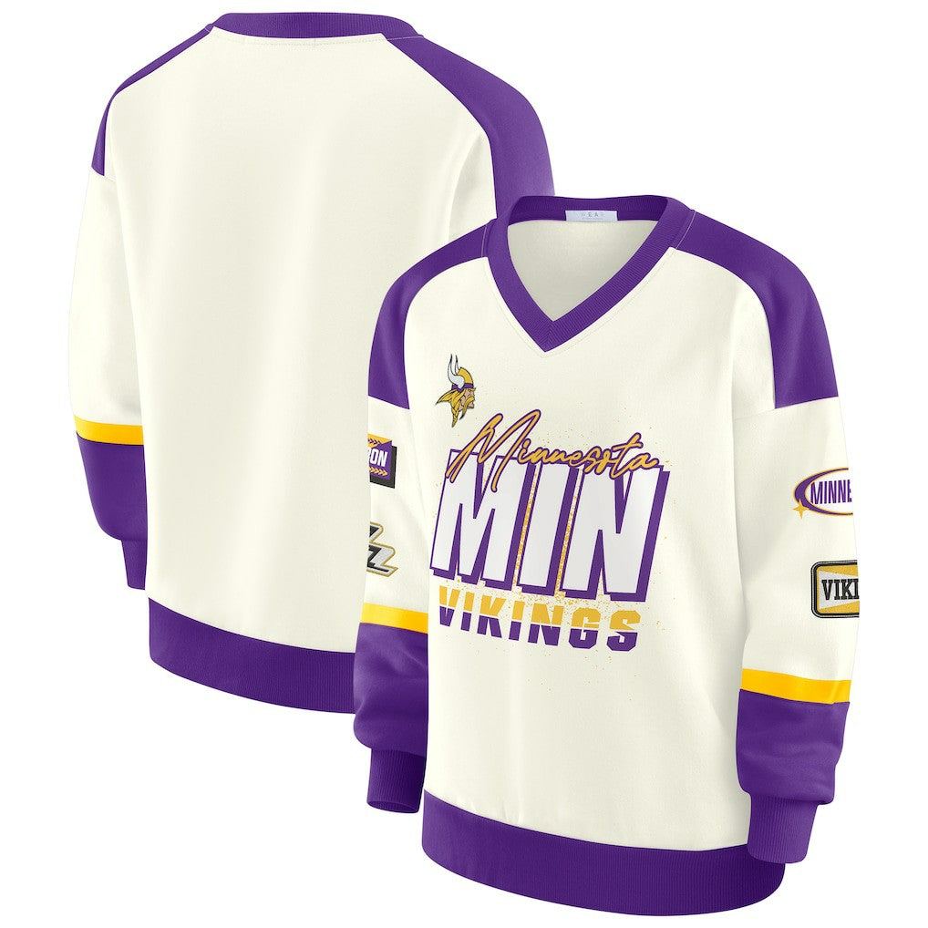 WEAR by Erin Andrews Women's Racing Crew V-Neck Sweatshirt - Minnesota Vikings