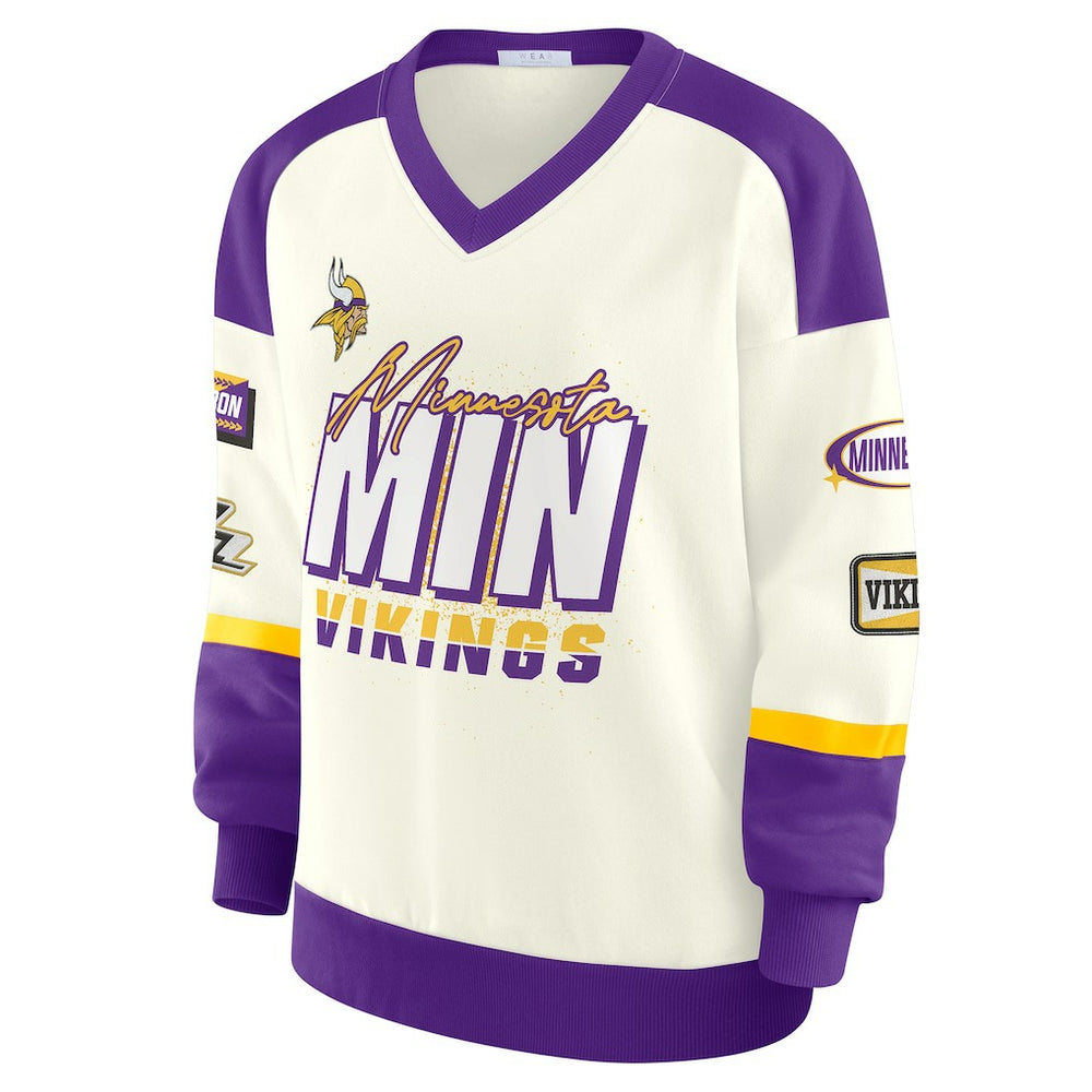 WEAR by Erin Andrews Women's Racing Crew V-Neck Sweatshirt - Minnesota Vikings