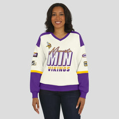 WEAR by Erin Andrews Women's Racing Crew V-Neck Sweatshirt - Minnesota Vikings
