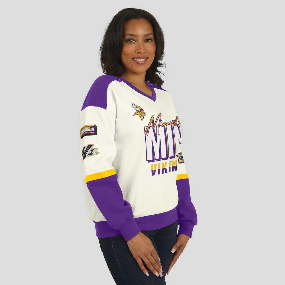 WEAR by Erin Andrews Women's Racing Crew V-Neck Sweatshirt - Minnesota Vikings