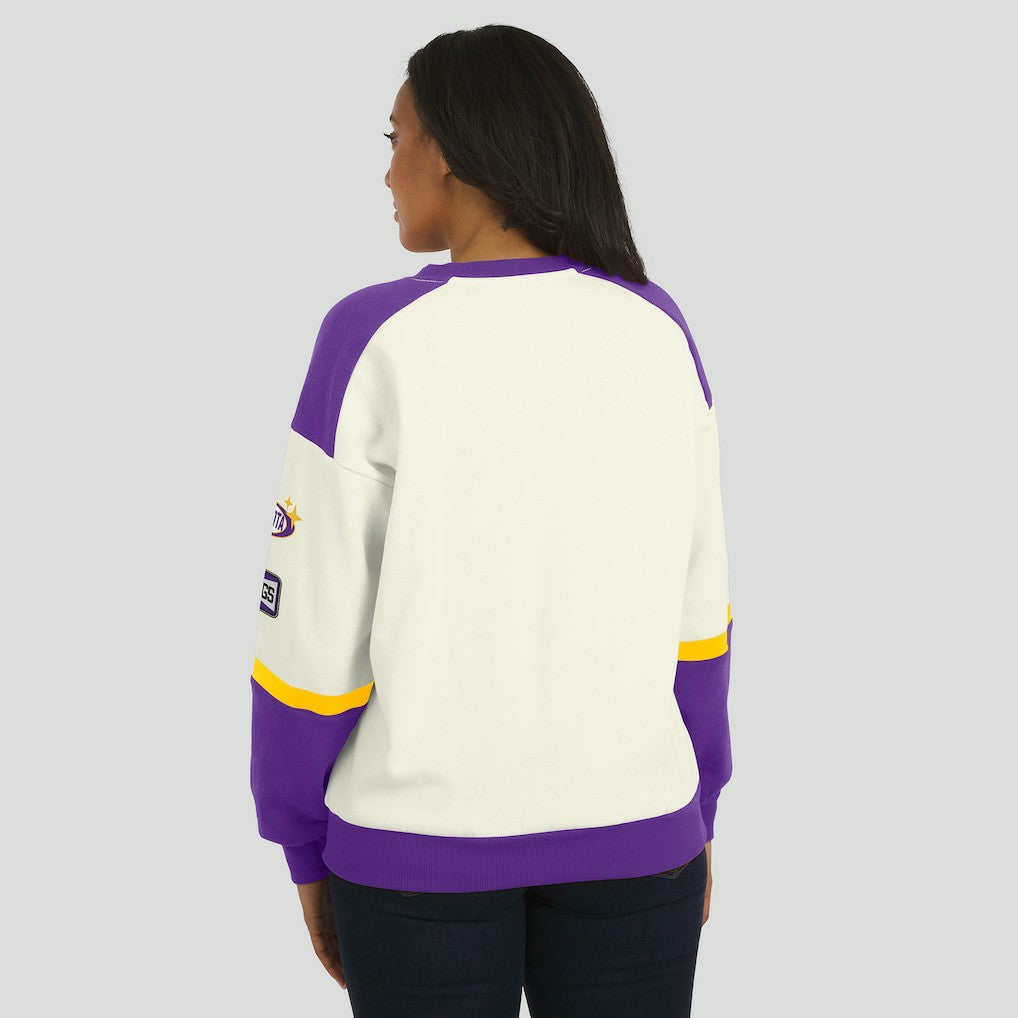 WEAR by Erin Andrews Women's Racing Crew V-Neck Sweatshirt - Minnesota Vikings